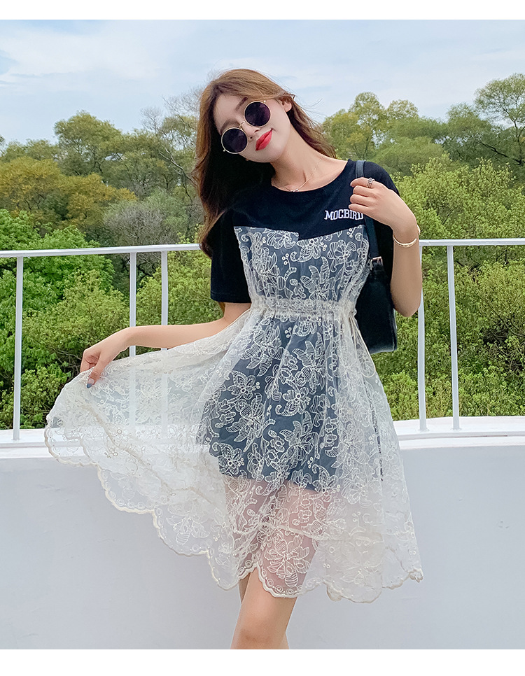Lace Stitching Fake Two-piece T-shirt Dress For Women 2021 Summer Drawstring Waist Slim Age Reducing Dress