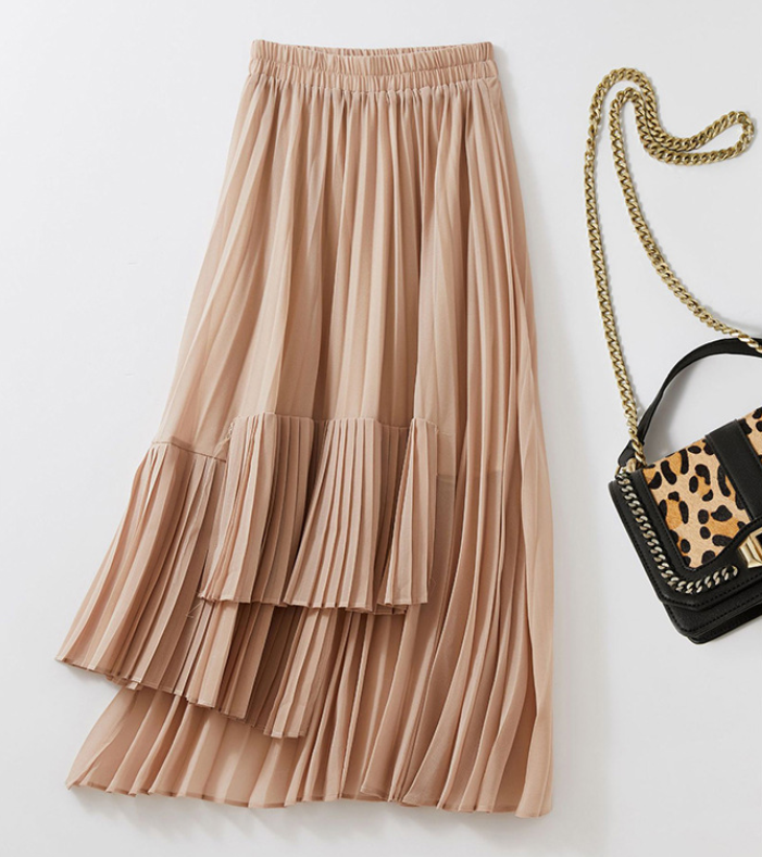 Mid Length Chiffon Skirt With High Waist And Thin Pleated Ruffle In Summer