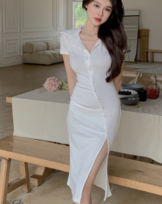 White Dress Spring And Summer Waist Slim Mid Length Skirt
