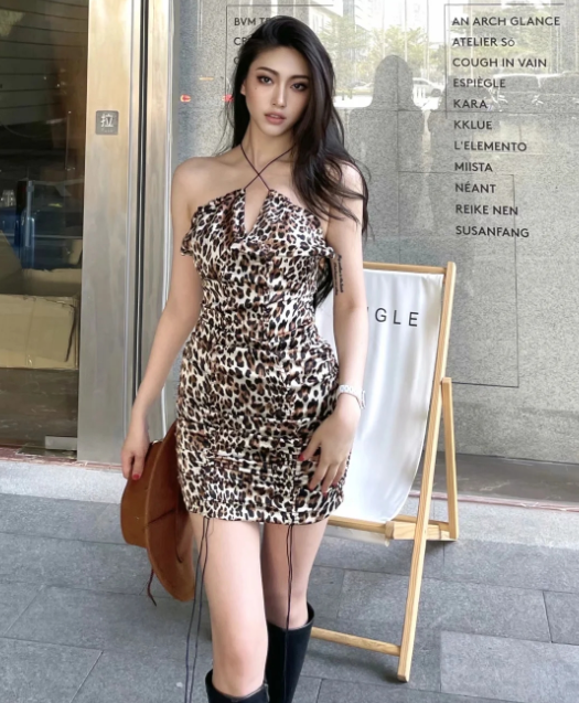 Sexy Leopard Lace Up Halter Skirt 2021 Summer Fried Street Drawstring Pleated Slim Fitting Dress