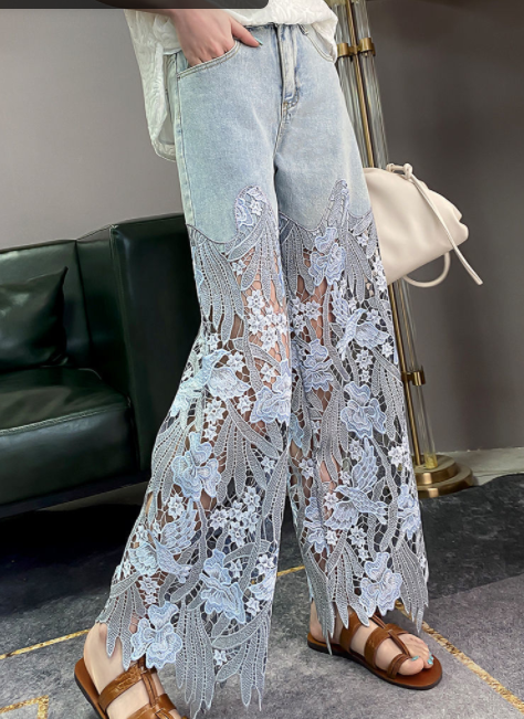 Hollow Lace Panel Wide Leg High Waist Blue Jeans Women's Summer Slim Fashion Straight Pants