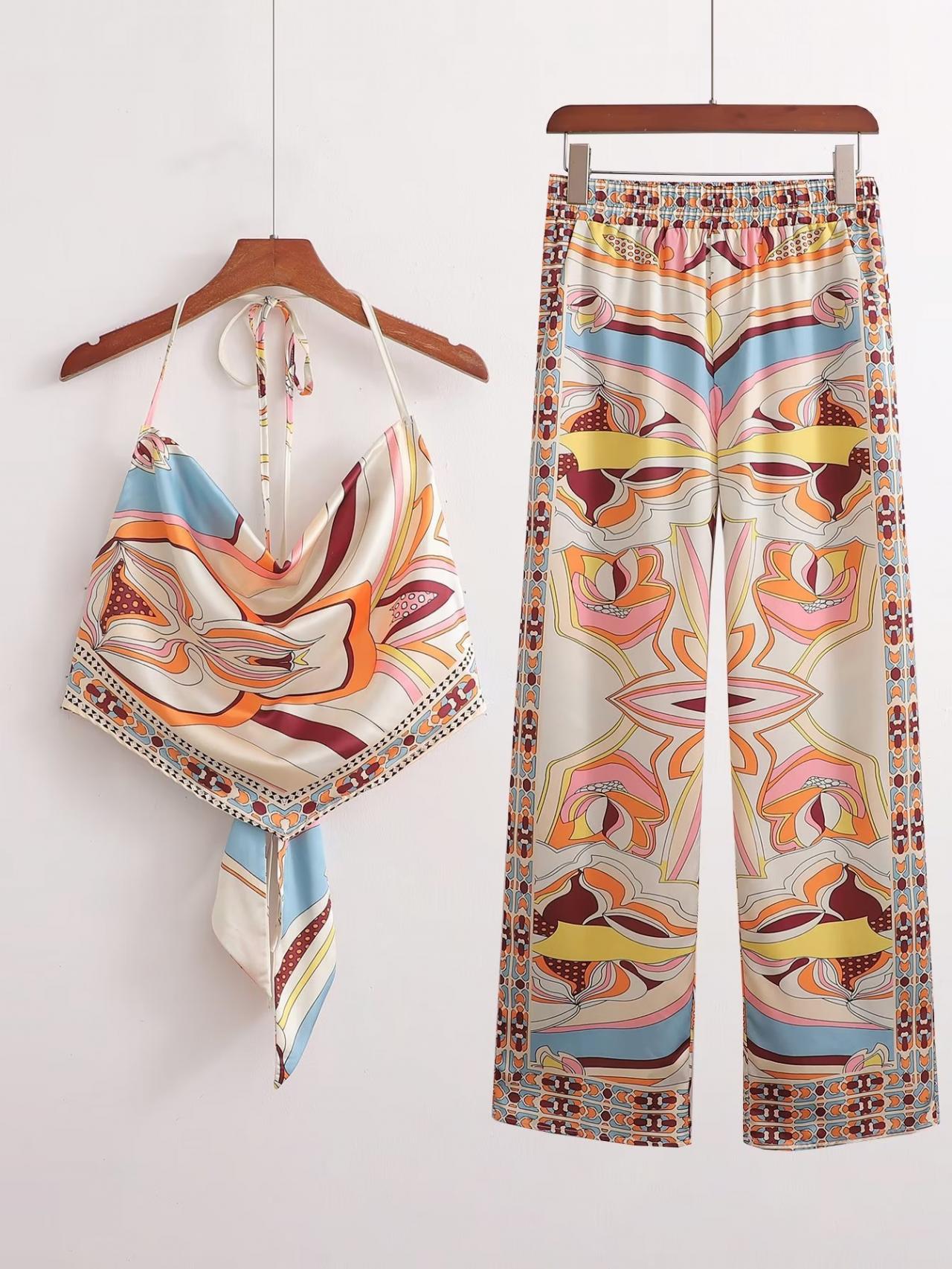 Spring Women's Positioning Printing Small Sling+trousers Set