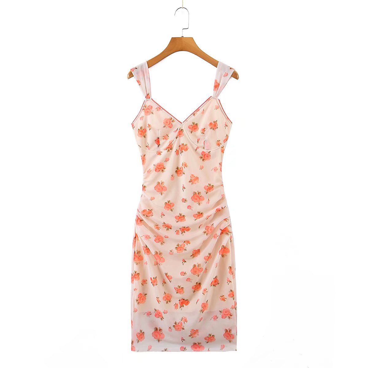 Summer French Floral Strap Dress V-neck Pleated Sexy Midlength Dress