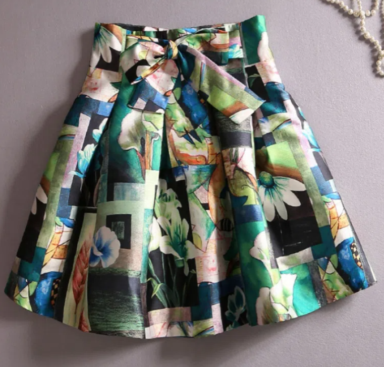 New Women's Fashion Green Print High Waist Slim Large Retro A-Line Skirt Short Skirt