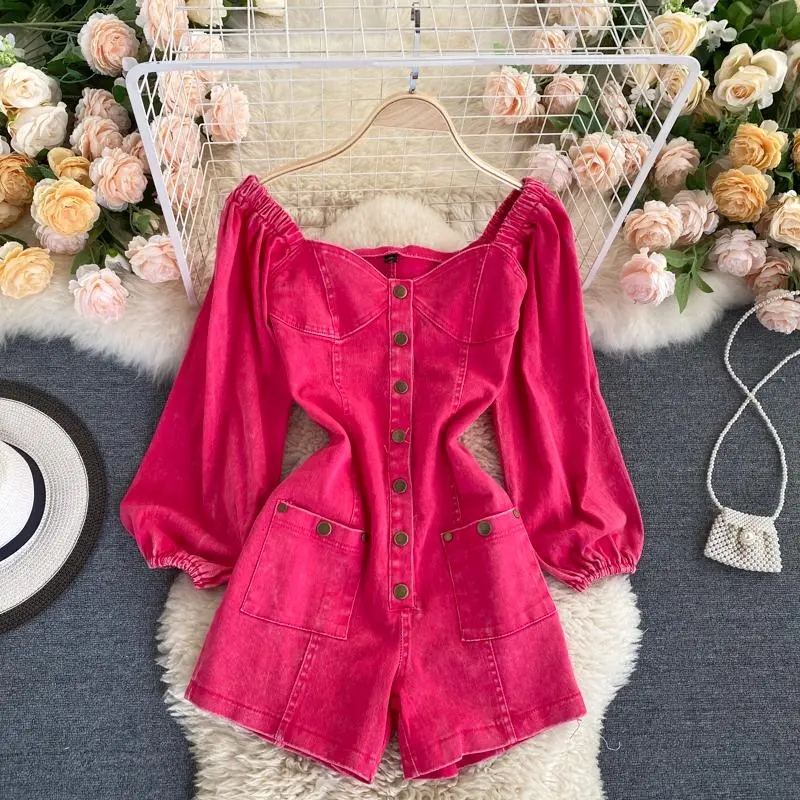 Fashionable Outfit With White Rose Red Jumpsuit Autumn Vintage Single Breasted Slim Fitting Short Denim Pants