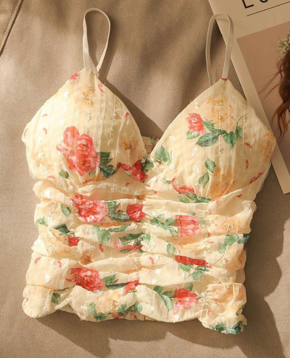 French Floral Suspender Vest For Women To Wear On The Inside And Outside. Sexy Girl Slim Fit With Chest Pad As A Base. Short Sleeveless Top