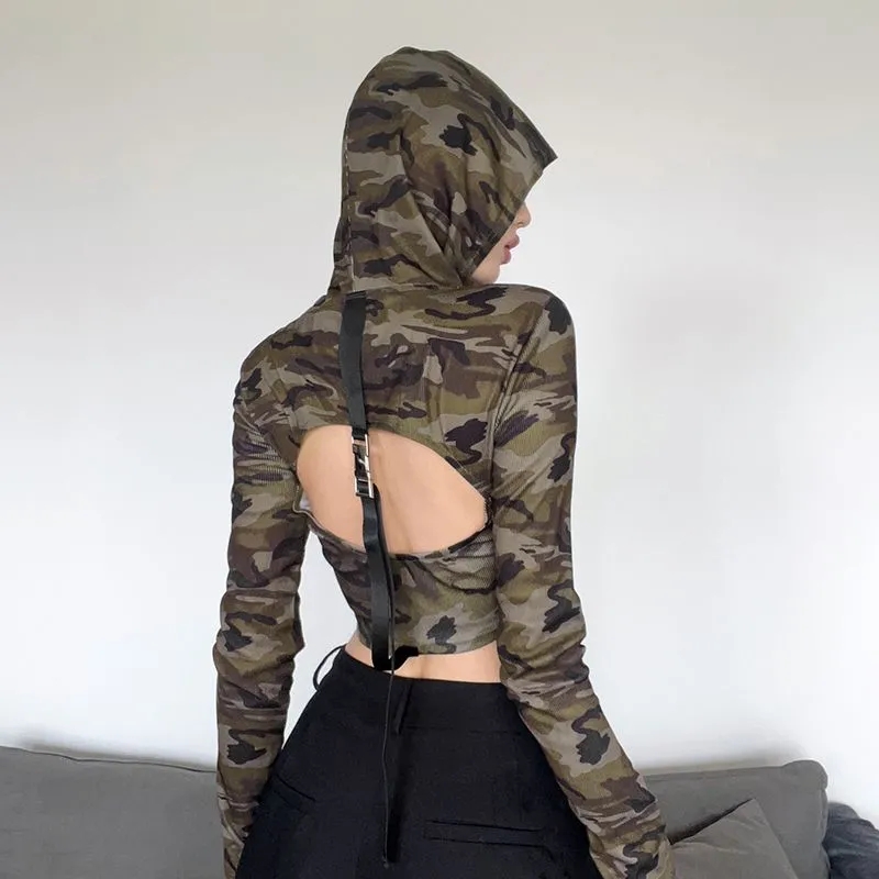 Camouflage Hollowed Out Backpack Buckle Hooded T-shirt For Women's Short Color Contrast Slim Fit And Spicy Girl Top