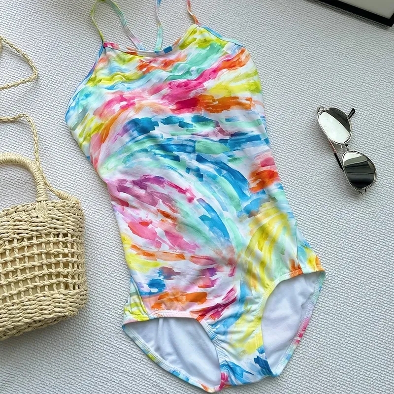 White Hand-painted Colorful Graffiti Weft Knitted Cotton Feel Beautiful Back Strap Low Fork Triangular One Piece Swimsuit