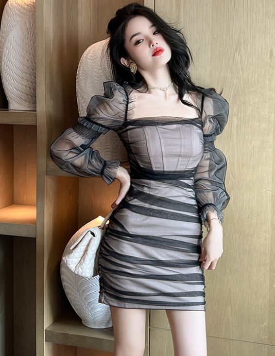 Bubble Sleeved Mesh Pleated Belly Covering Slim Fitting Square Neck Dress