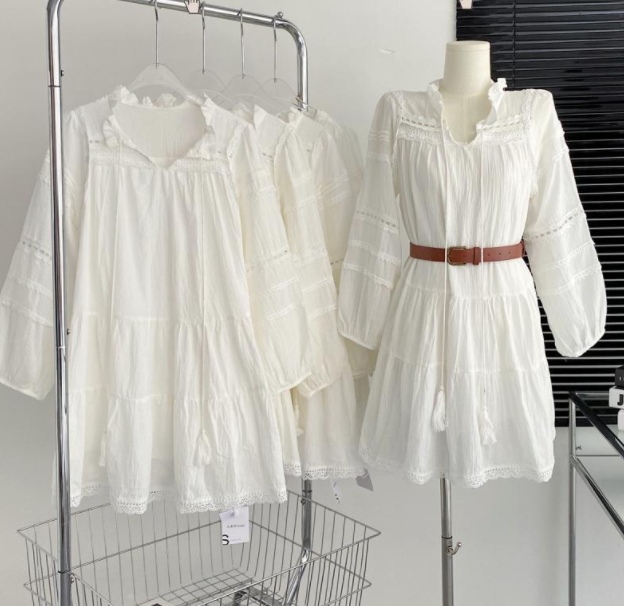 Lace Hollow Waist Doll Princess Dress Long Sleeved White Dress With Belt