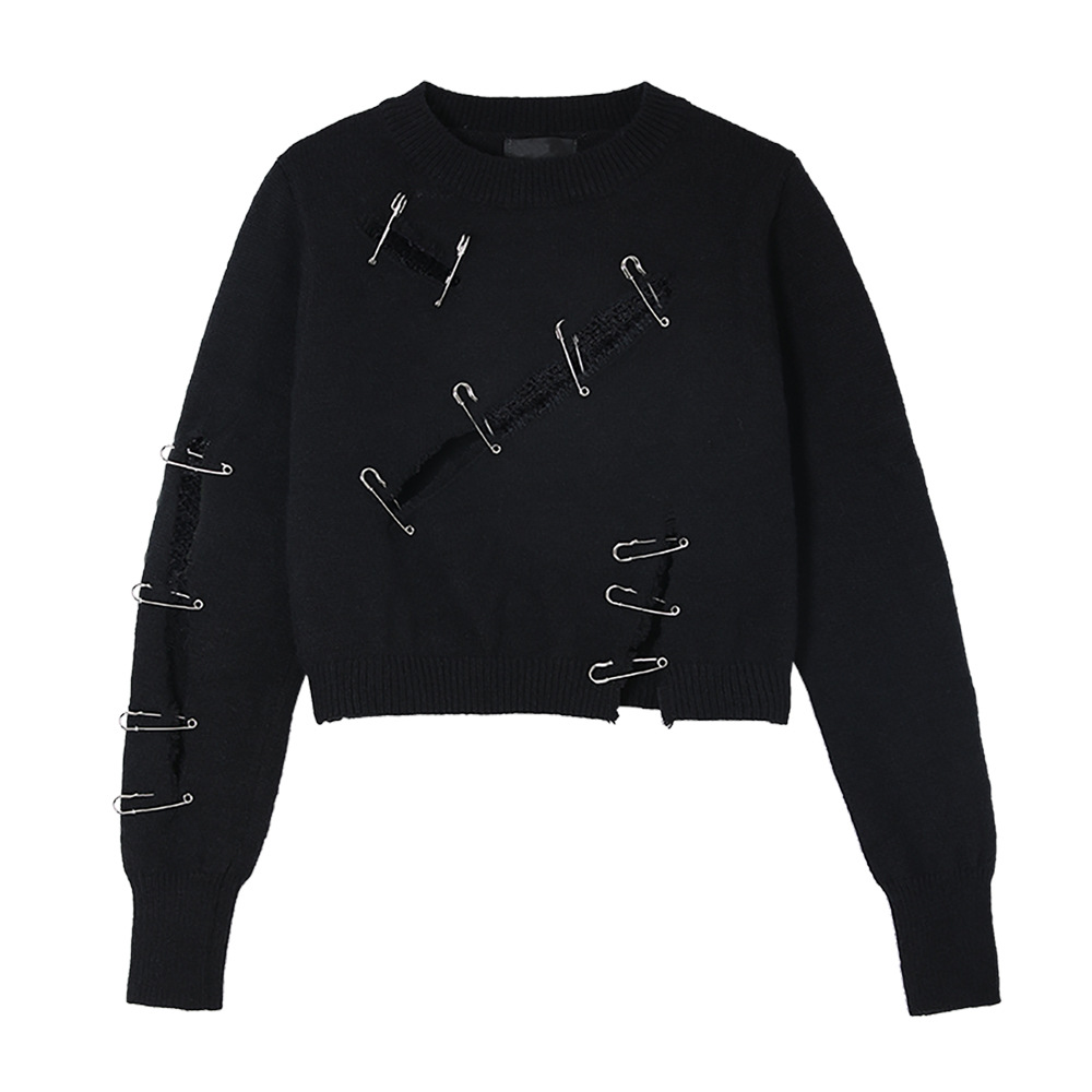 Irregular Perforated Sweater Women's Autumn And Winter Pin Decoration Design Street Trend Pullover Round Neck Sweater