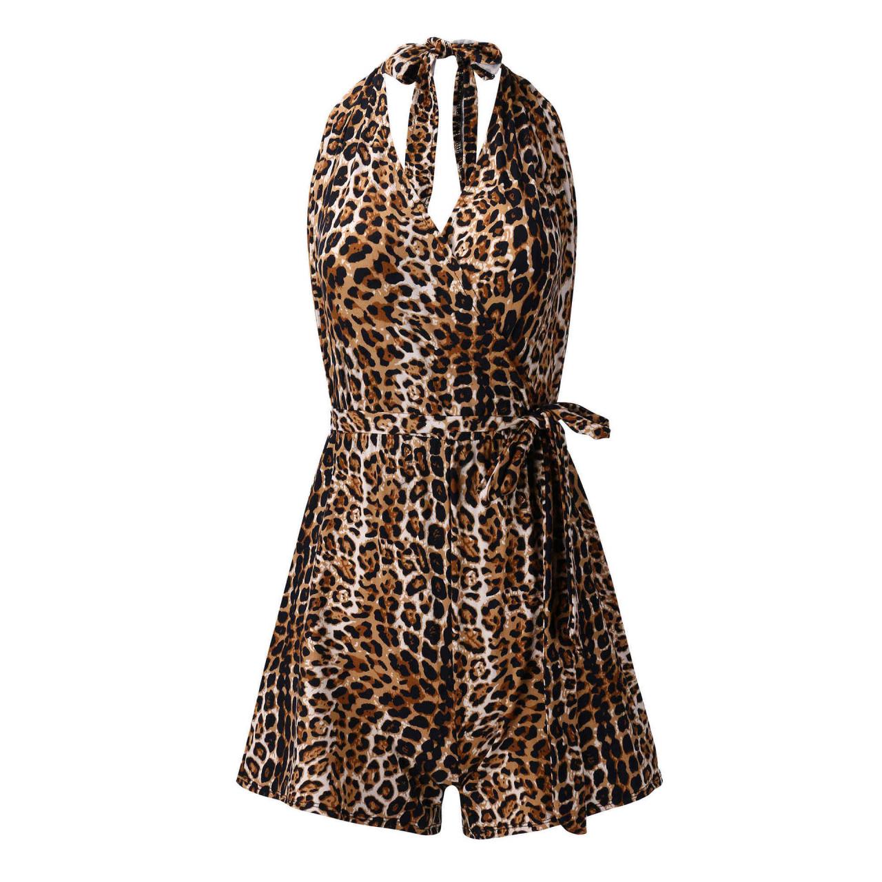 Leopard Print V-neck Sexy Sleeveless Leaky Back Jumpsuit For Women