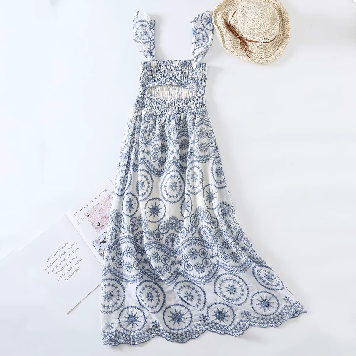 Embroidery Cut-out Dress Ruffle Sleeves Open Back Elastic Waist Large Swing Skirt