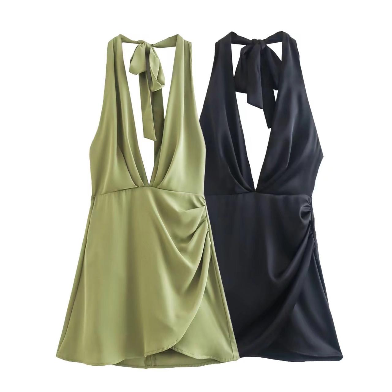 Hanging Neck V-neck Solid Color Versatile Waistband Open Back Dress Short Skirt