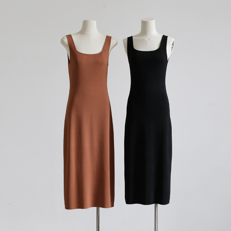 U-neck Knitted Dress, Solid Color Versatile Medium Length Tank Top Skirt, Slim Fitting And Slimming Skirt