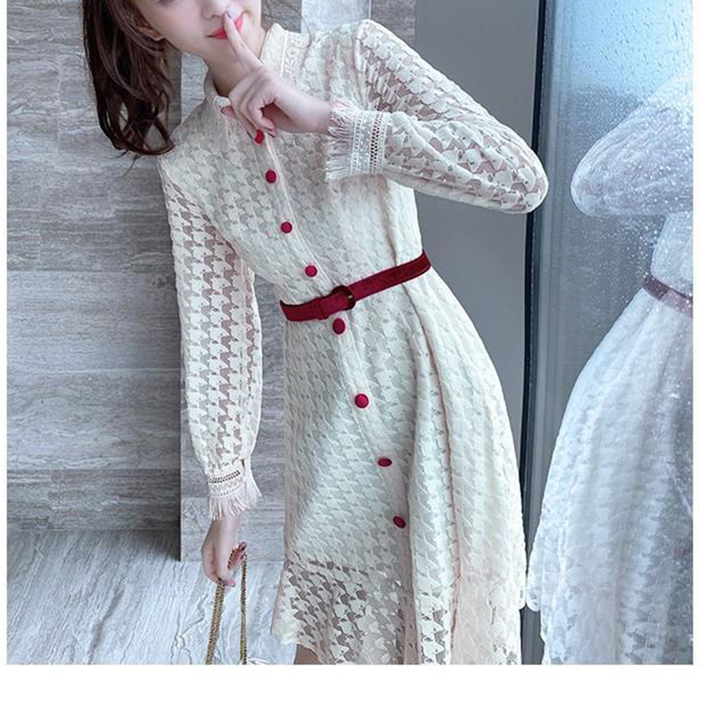 Lace Fishtail Dress Long Sleeve Waist Wrapped Mid Length Dress Temperament Dress