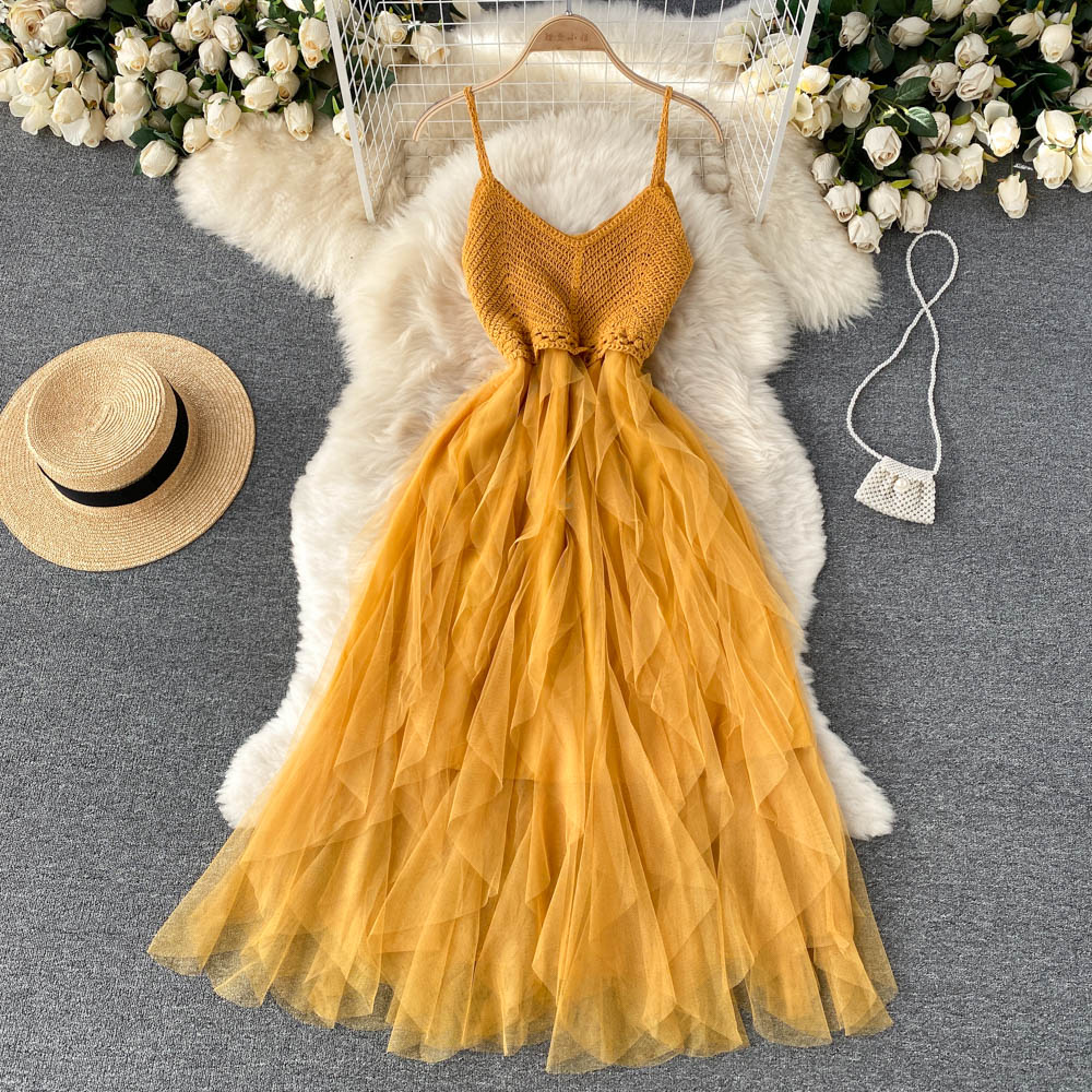 Irregular Mesh Fluffy Fairy Dress With High Waist And Slim Temperament V-neck Strap Dress For Seaside Vacation Beach Dress