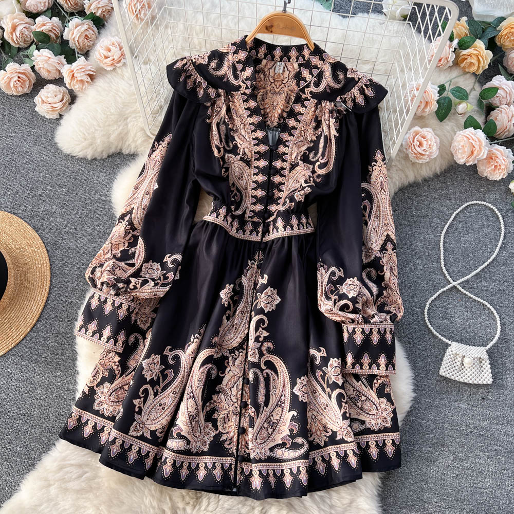 V-neck Single Breasted Fashionable Personalized Print A-line Dress For Women Pleated Princess Skirt