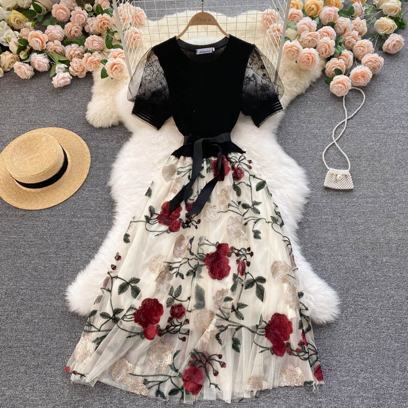 Embroidered Mesh Mid Length Patchwork Knit Fairy Dress