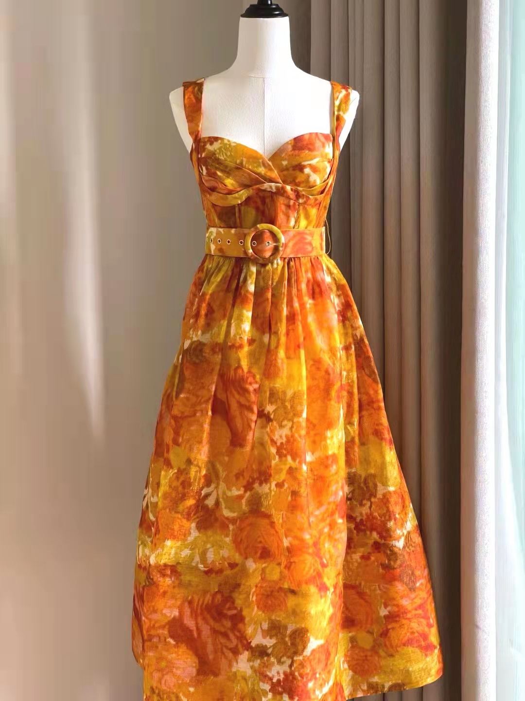 Summer Tangerine Suspender Sleeveless Bra Print Double Shoulder Poncho Dress Dress