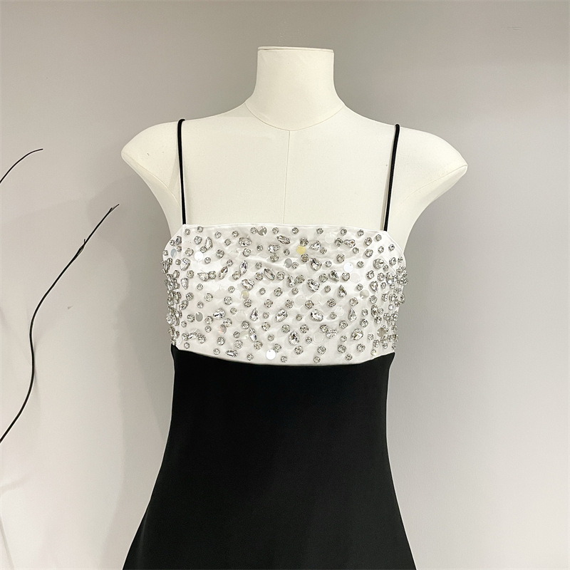 Summer Strap Bra Sleeveless High Waist Heavy Duty Nail Diamond Black And White Contrast A-line Dress