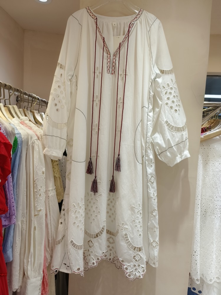 Embroidered Hollow Out White Cotton Dress With Korean Design Tassel V-neck Tie Up Irregular Hem Long Skirt