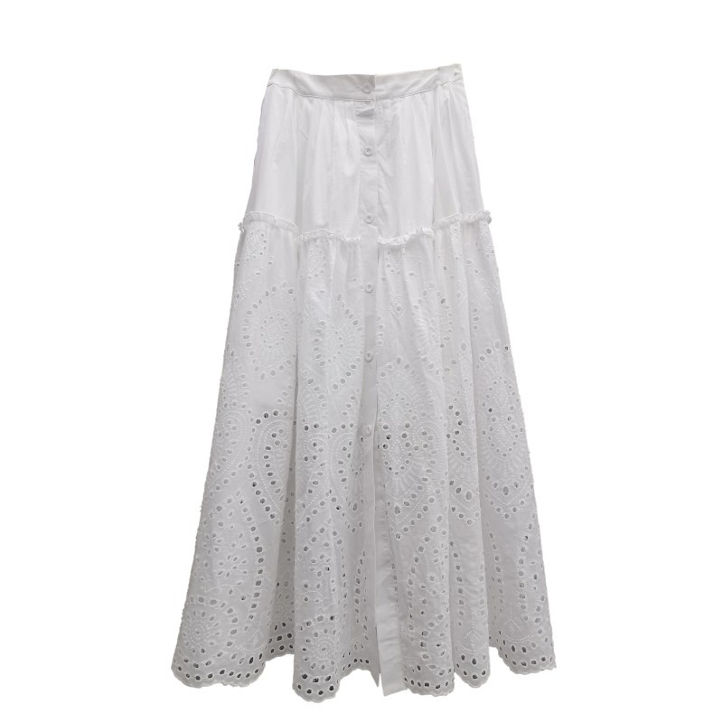 Cotton Embroidered Hollowed Out Single Breasted White Skirt