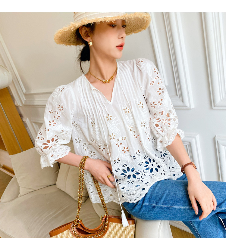 Summer French White Shirt Embroidery Women's Design Feel Holiday Style Women's Blouse