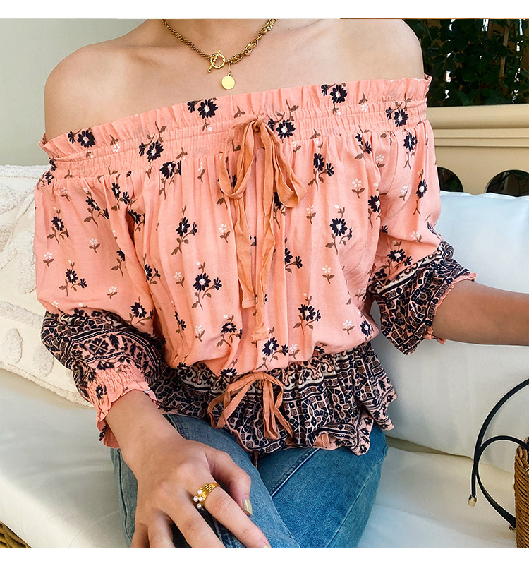 Summer Vacation Style Floral Print Little Top Boho One-shoulder Vacation Women
