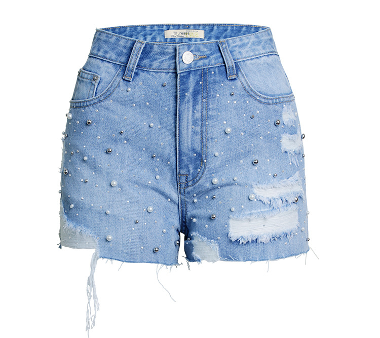 Women's High-waisted Jeans Pearl Studded Female Summer Drill Denim Shorts