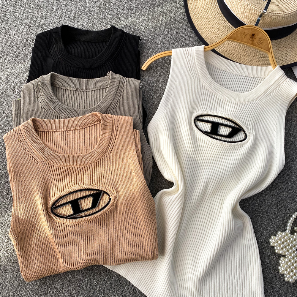 Round Neck Hollowed-out Letters Spice Knit Tank Top Women Wear Western Style Slim Short Sleeveless Top Summer