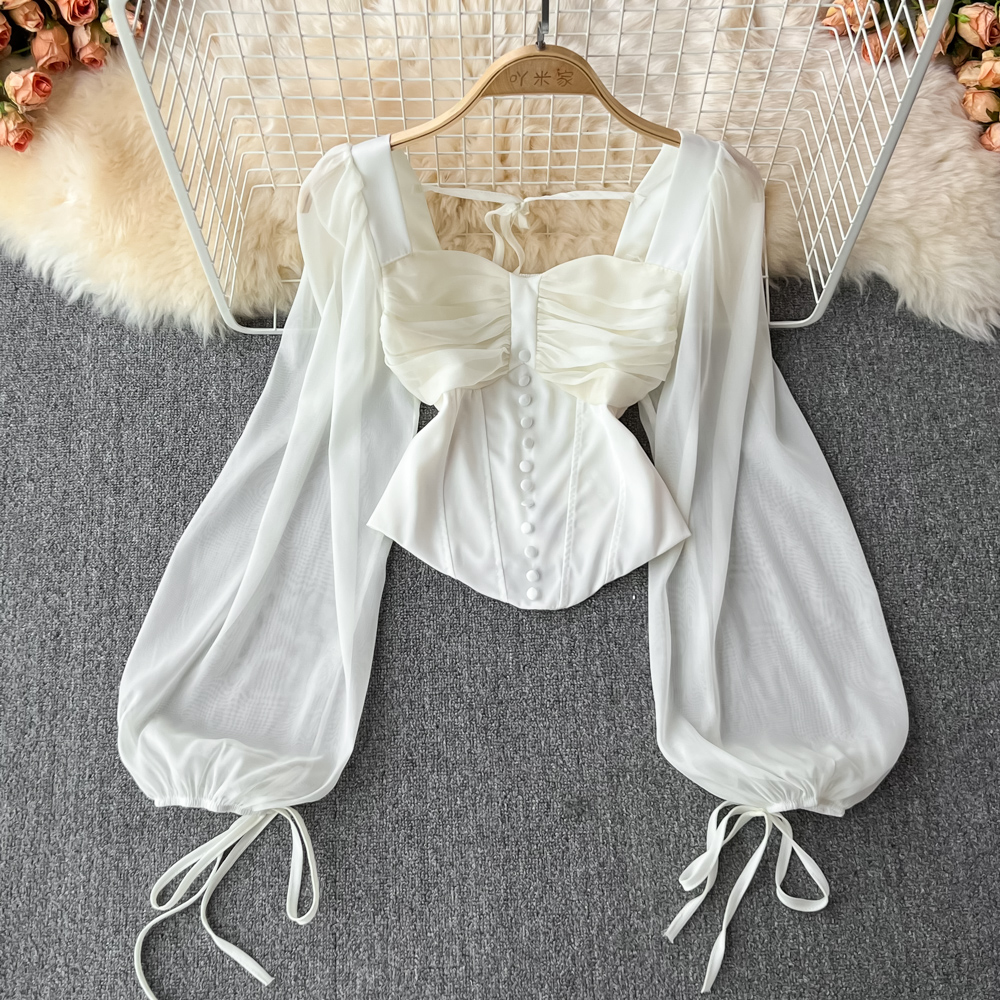 Romantic Ivory Bow-tie Crop Top With Billowy Sheer Sleeves