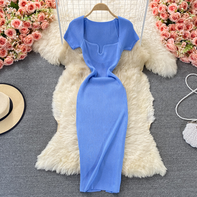 Skinny Square Neck Knitted Dress Short Sleeve 2023 Summer Temperament Sexy Spice Bag Hip Long Dress