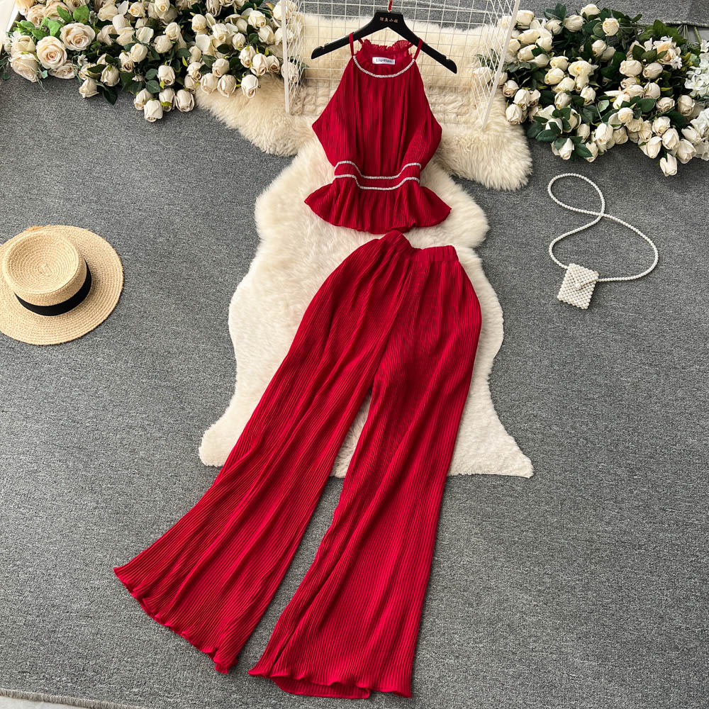 Women's Pleated And Diamond-encrusted Halter Vest + Casual High-waisted Wide-leg Pants Two-piece Set