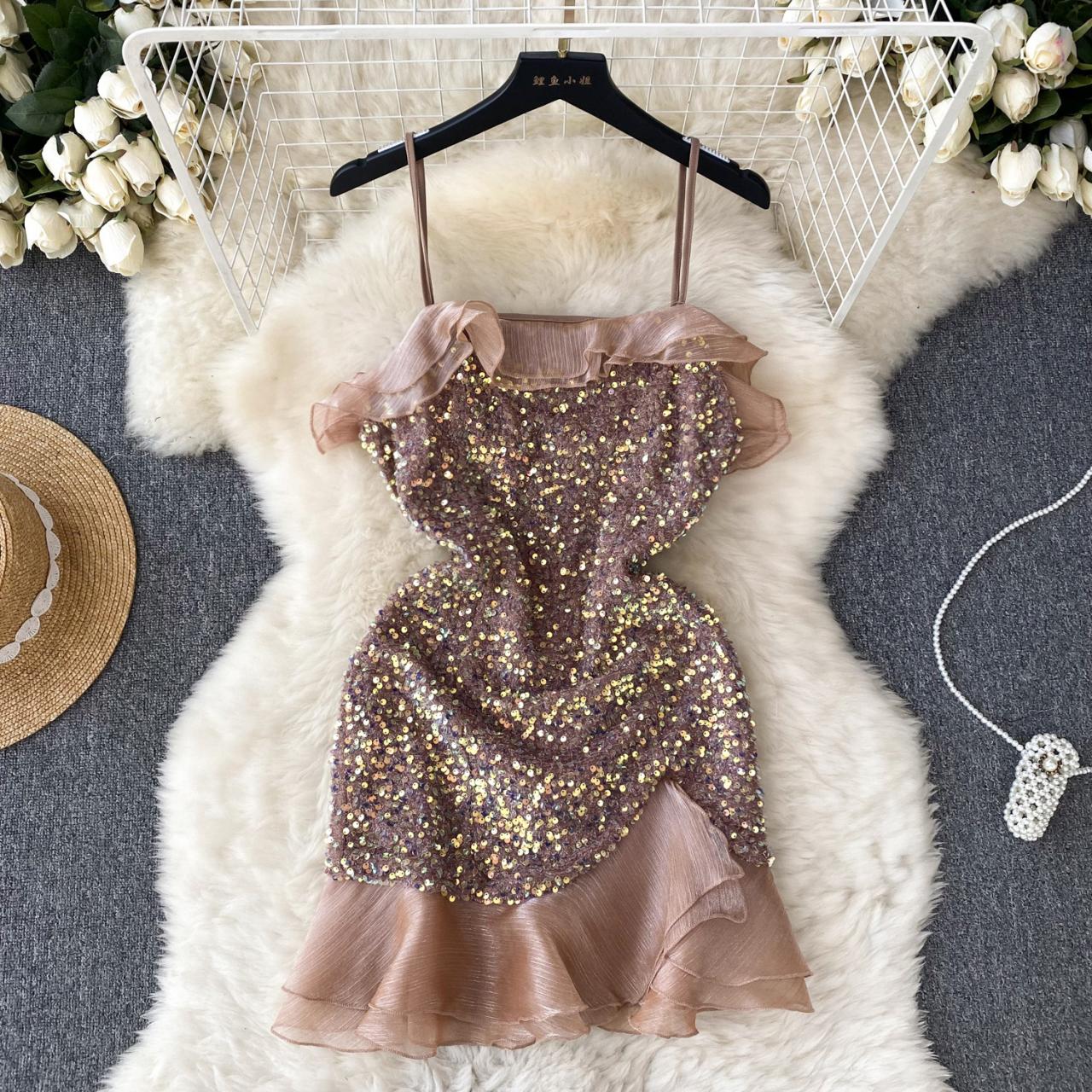 Glitter Halter Dress Women's Summer Niche Chic Waisted Peplum Design Fishtail Dress