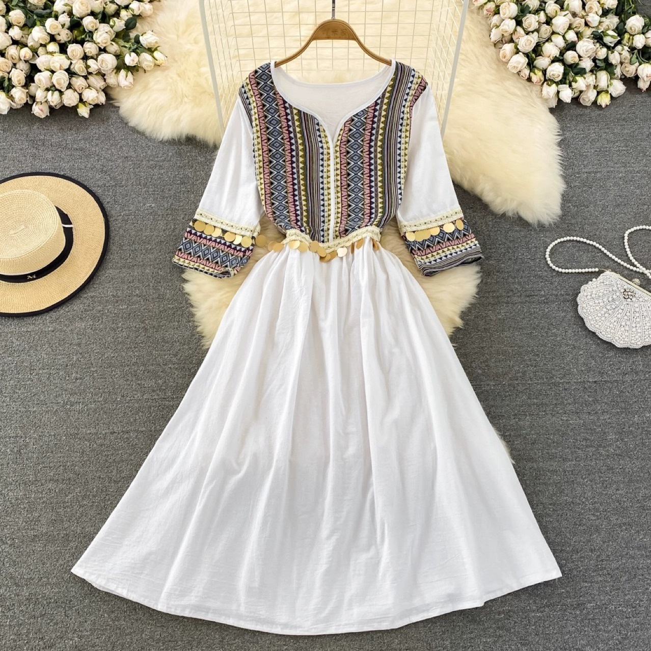 Ethnic Style Patchwork Patch Cotton Linen Dress