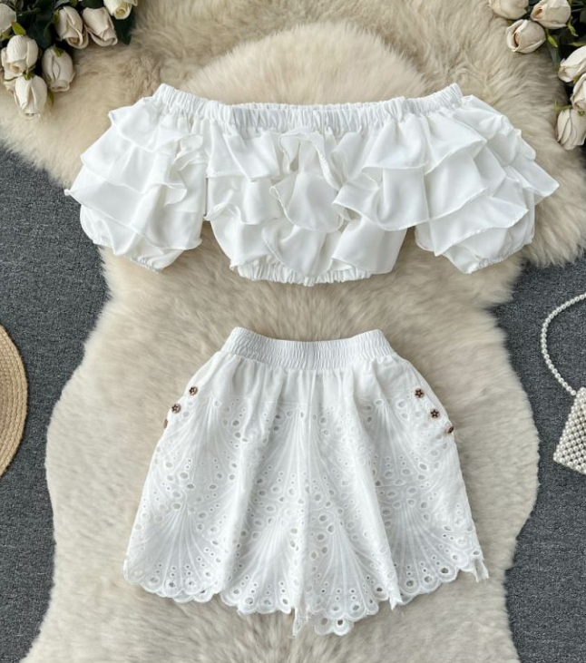 One-line Shoulder Ruffled Chiffon Top Hollowed Out High-waisted Shorts Two-piece Set