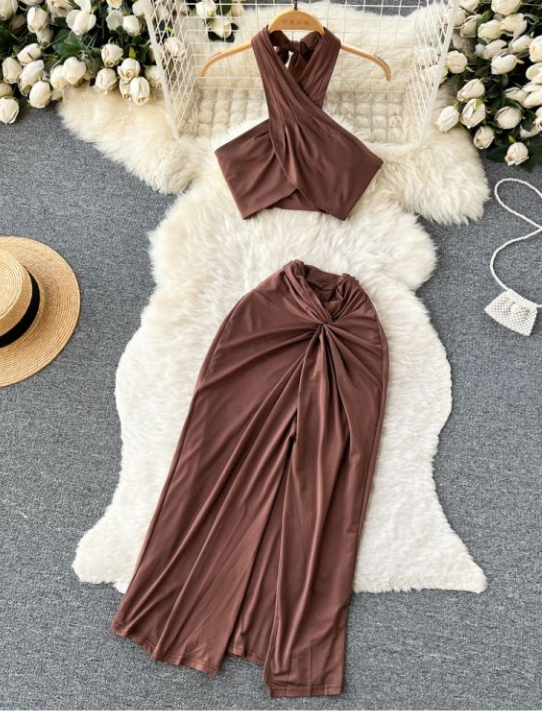 Summer Sexy Suit Women Hanging Neck Cross Wrap Chest Top + Split Temperament Bag Hip Mid-length Skirt Two-piece Set