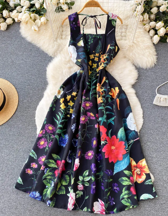 Floral Dresses 2025 Vintage Waist Slimming Tank Dress Summer Women's Beach Holiday Print Temperament A-Line Maxi Dress