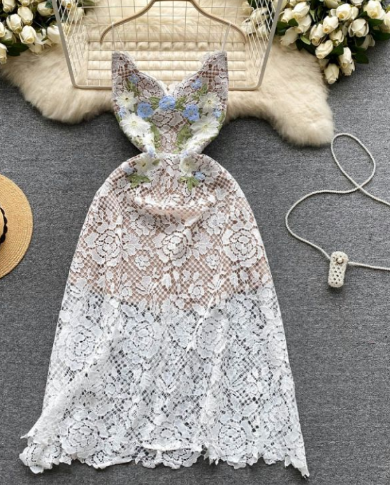 Halter Dress Women's Summer Lace Hook Floral Embroidery Design Feel Slim-fit Skirt