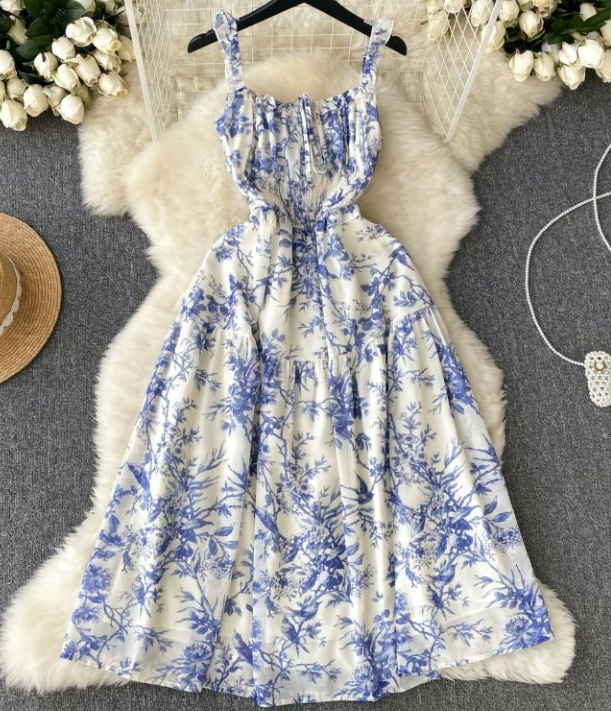 Floral Chiffon Halter Dress Female 2023 Summer Style Waist Temperament Super Fairy A Word Dress
