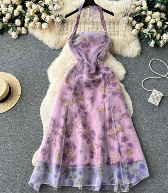 Halter Halter Dress Female Pure Desire Advanced Sense Gauze Patchwork Floral Holiday Dress