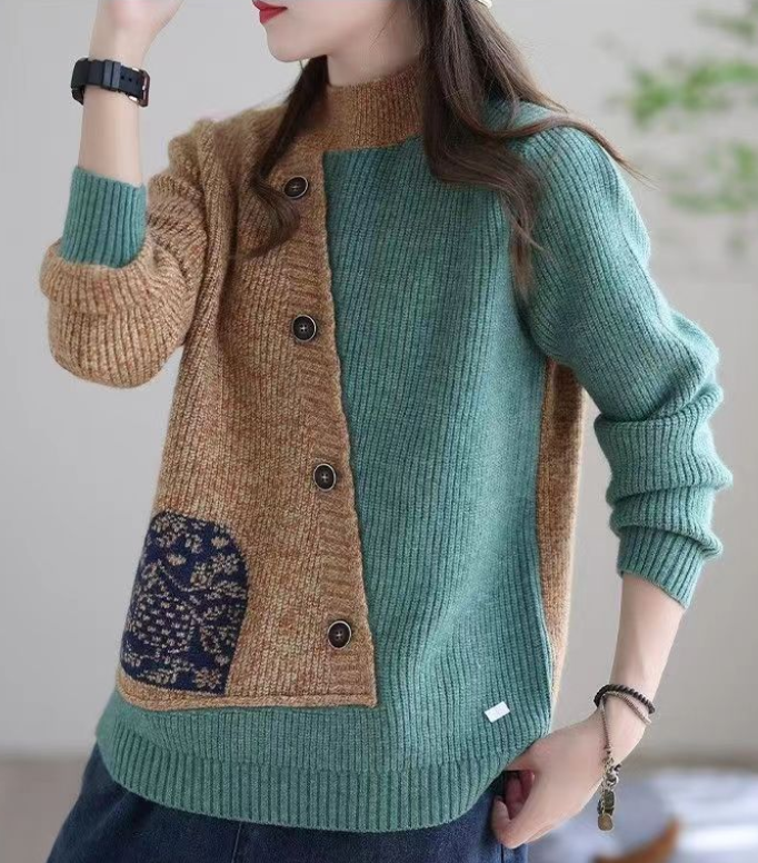 Vintage Sweater Female Autumn Winter Half High Neck Loose Large Size Patchwork Color Round Neck Sleeve Long Sleeve Top Coat