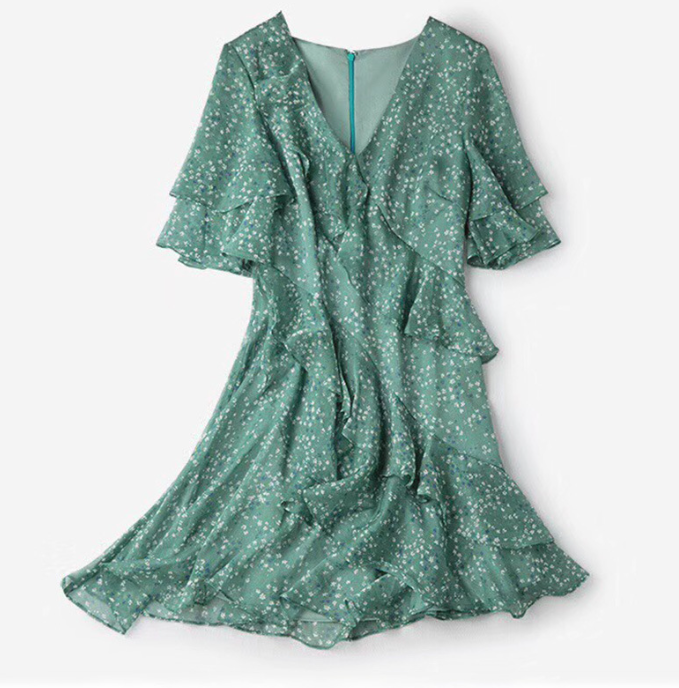 Chiffon Ruffled Trend Print Ruffled Waist V-neck Short-sleeved Dress