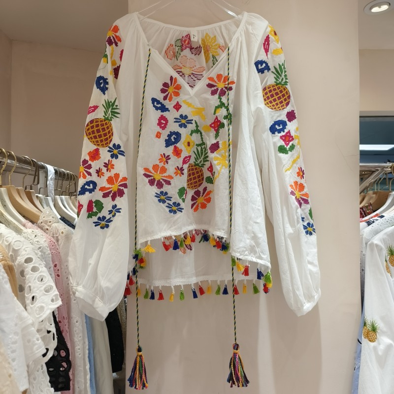 Ethnic Wind Heavy Embroidery Flower V-neck Long Sleeve Shirt For Women 2023 Patchwork Loose Fringed Cotton Linen White Shirt