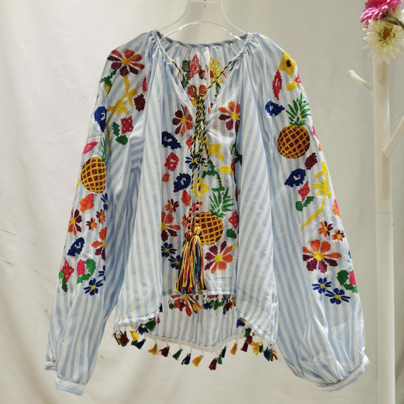 National Wind Jacket Holiday Leisure All Loose Heavy Embroidery Tassel Cotton Linen Shirt Woman