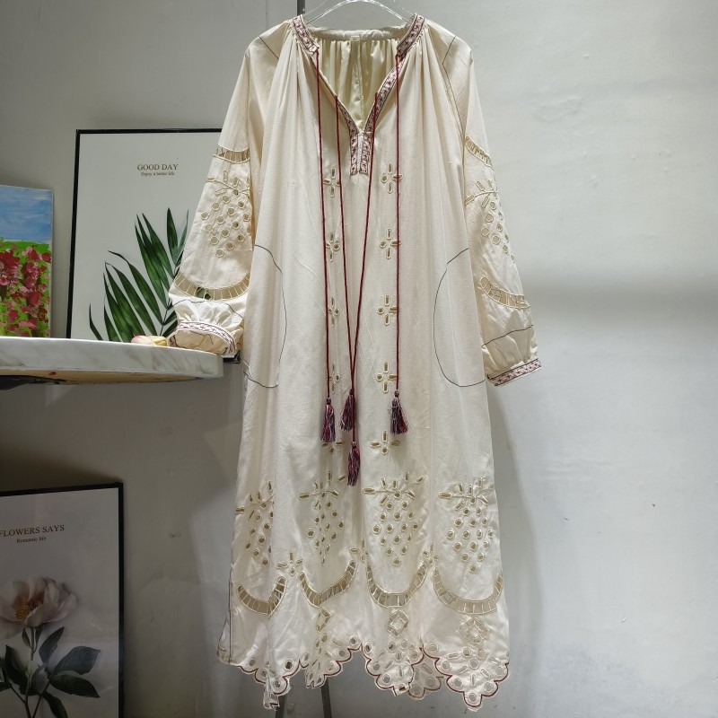 Apricot Fringe V-neck Lace-up Dress ~ Heavy Embroidery Hollow-out Long Dress