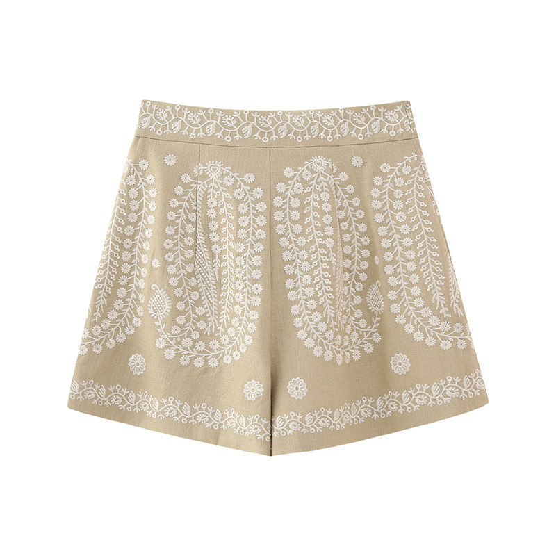 A-line Wide-leg Shorts With Contrasting Colors Embroidered High-waisted Shorts