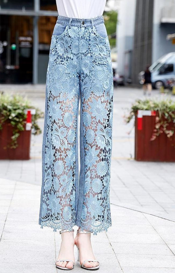 High-waisted Wide-leg Pants All-in-one Lace Patchwork Denim Slacks Women Loose Straight Tube