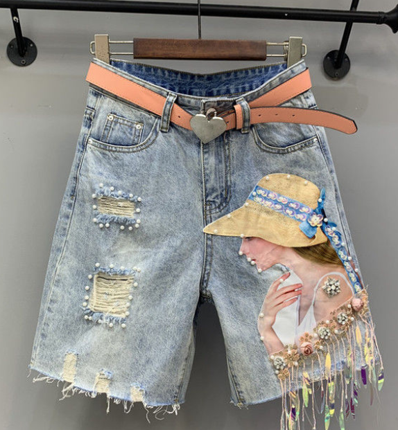 Beauty Map Fringed Sequins Beaded Ripped Five Cent Denim Shorts Women's Age Age Straight Mid-length Pants Trend